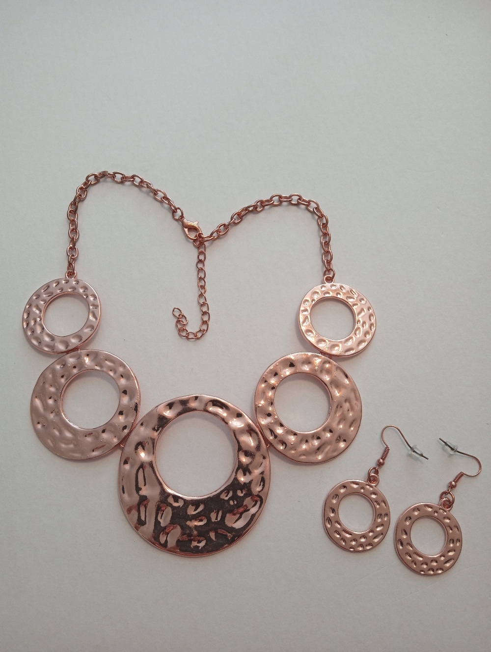 #1219. Copper Toned, Hammered Metal Look, Statement Necklace & Earring Set